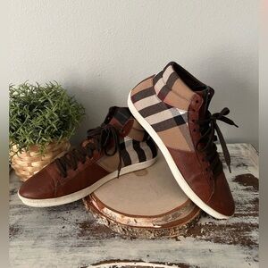 Burberry Brown Leather & Canvas Plaid High Top Sneakers - 42 EU (9 US) Boots